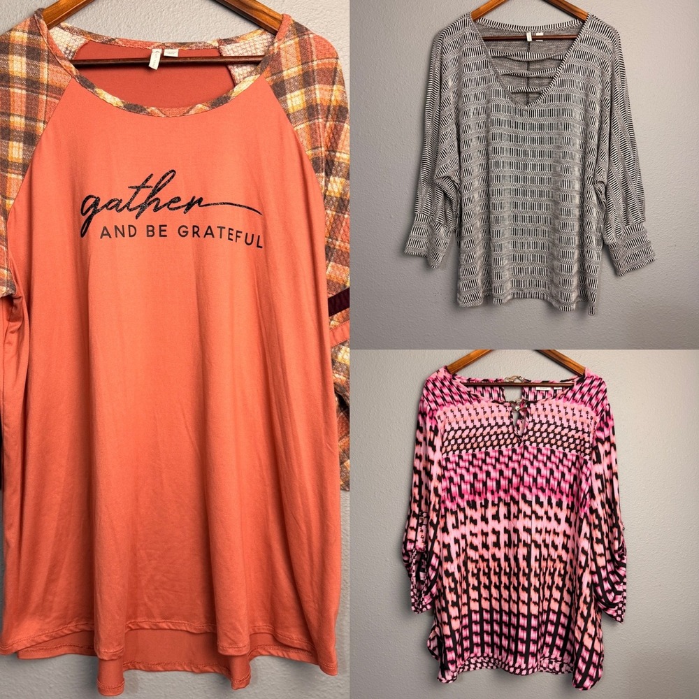 Cato Bundle of 3 Casual Blouses Size 18/20W Coral Plaid Raglan Graphic Tunic Top